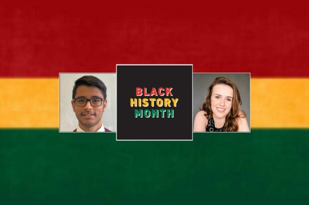 Black history month logo with two apprentice panel authors alongside the main logo