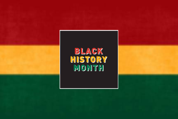 Red, white and green banner with Black History Month written in a black box.