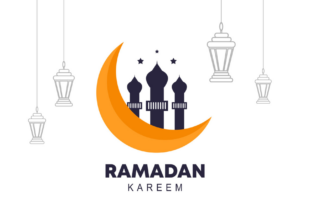 Three turrets of a mosque with a crescent moon and the words "Ramadan Kareem" below.