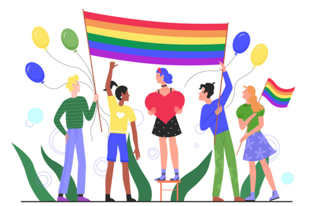 A cartoon drawing of people holding a pride flag.